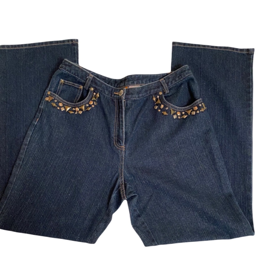 RUBY RD. Boot Cut Blue Jeans Gold Metallic Studded Accents Hidden Zipper Size 10